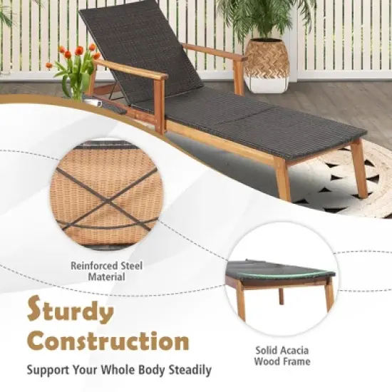 Costway 2PCS&nbsp;Patio&nbsp;Rattan&nbsp;Lounge&nbsp;Chair&nbsp;Chaise Recliner Wood Back Adjust W/Folding&nbsp;Table image {6}