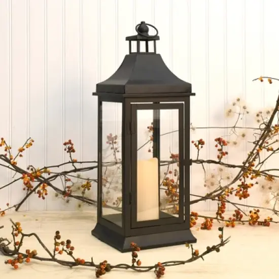 LumaBase Metal Lantern with Battery-Operated Candle - 19" Black image {3}