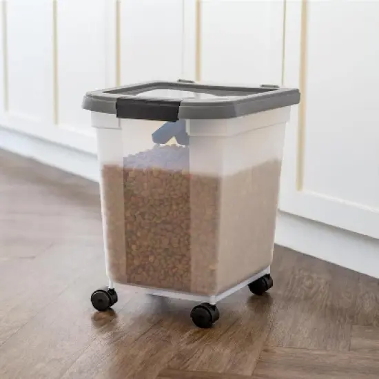 IRIS USA Airtight Dog Food Storage Container 25 lbs, Removable Wheels, for Dog Cat Bird and Other Pets, Clear/Dark Gray image {2}