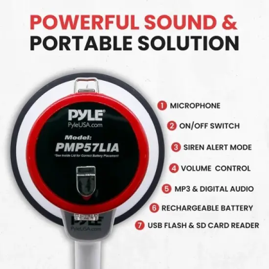 Pyle Megaphone 50-Watt Siren Bullhorn - White & Red image {3}
