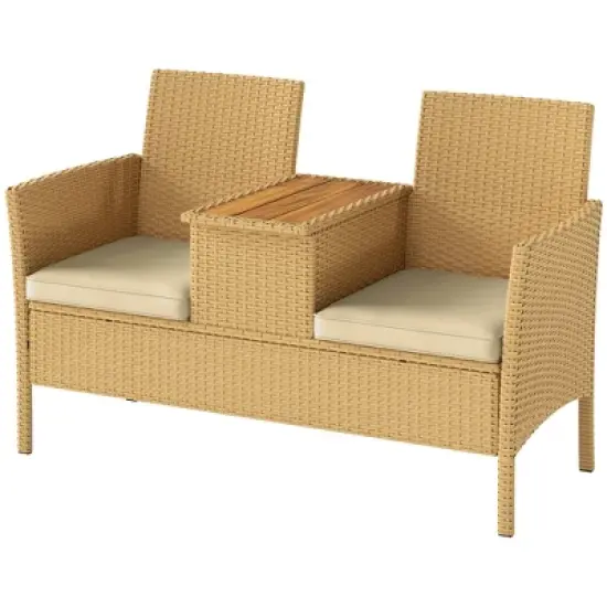 Outsunny Rattan Patio Loveseat with Built-in Flip-Top Coffee Table, Outdoor Wicker Sofa with Cushions for Balcony, Garden, Lawn, Backyard, Khaki image {3}