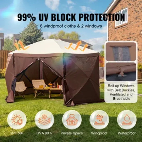 VEVOR Pop Up Gazebo Tent, Pop-Up Screen Tent 6 Sided Canopy Sun Shelter, 11.5x11.5FT Quick Set Screen Tent with Mosquito Netting, Brown image {2}