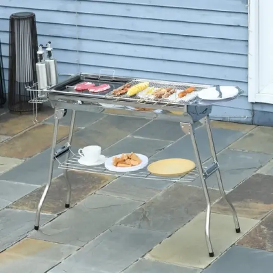 ORRD  Portable Charcoal Grill, Stainless Steel Hibachi BBQ for Camping, Picnic, Tailgating w/ Pan, Grill Rack, Shelves & Hooks image {5}