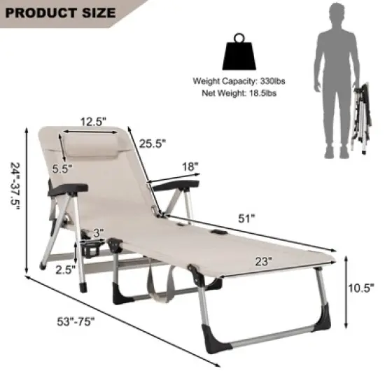 Tangkula Folding Camping Cot, Adjustable 7-position Lounge Chair w/ Removable Headrest & Cup Holder Black/ Grey/ Beige/ Blue image {8}