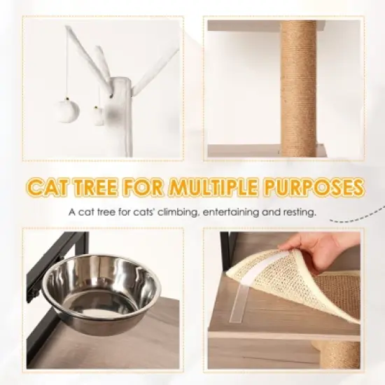 YOOCOZZ Cat Tree with Litter Box Enclosure,Cat Condo with Scratching Posts, Feeding Bowl and Removable Pompom Sticks image {7}
