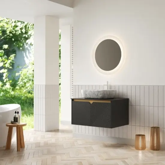 Bathroom Vanity&Sink, Floating Plywood Storage Cabinet,  Marble Pattern Ceramic Vessel Basin&Carrara White Sintered Stone Top image {5}