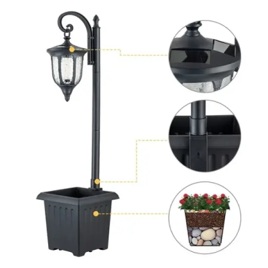 C Cattleya 1-Light Black Solar Outdoor Post Light with Planter and Crackle Glass image {2}