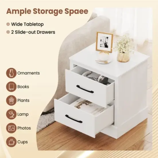 Tangkula Farmhouse Nightstand Set of 2 Wood Bedside Table with 2 Storage Drawers Compact Floor Night Stand End Table White Accent Sofa Side Table image {4}