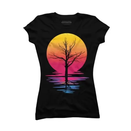 Junior's Design By Humans Lone Tree Retro Spring Sunset By kirikpantai T-Shirt image {2}