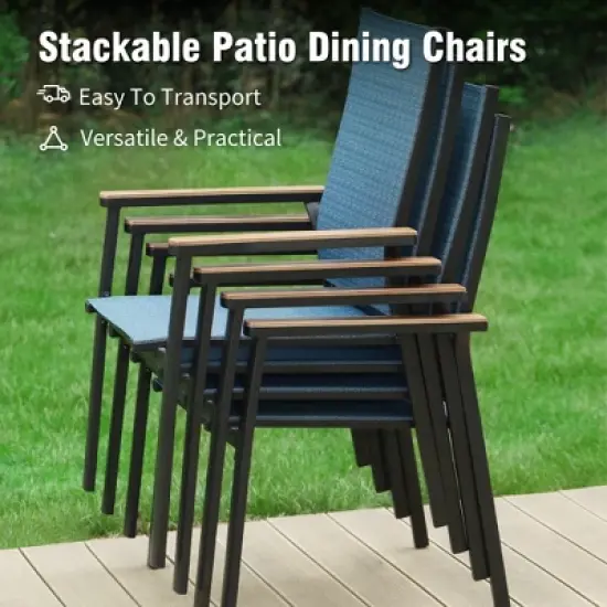 Captiva Designs 9pc Patio Slat-top Square Metal Dining Table & Stackable Textilene Aluminum Chairs image {7}