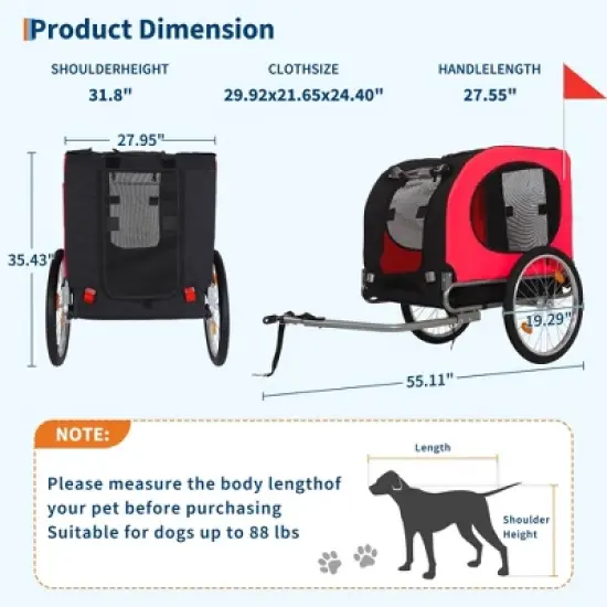 Dog Bike Trailer, Supports up to 88LBS Dog Trailer for Bicycle, Pet Cart Bicycle Carrier with Quick Release Wheel & Easy-Fold Frame, Red image {2}