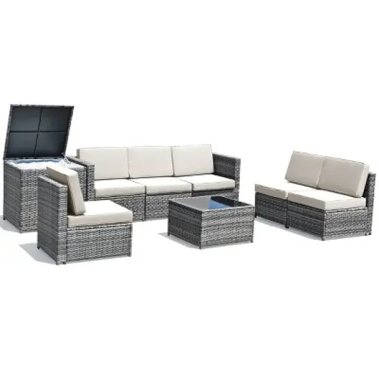 Tangkula 8-Piece Outdoor Wicker Rattan Conversation Sofa Set w/ Storage Table White/Black/Turquoise image {5}