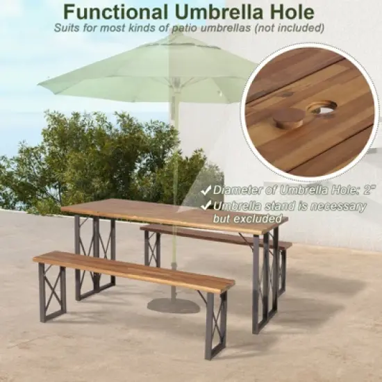 Tangkula 3 Piece Patio Picnic Table Bench Set, Outdoor Camping Table Set w/ Acacia Wood Tabletop & Seat 2&rdquo; Umbrella Hole image {4}