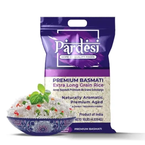 Pardesi Basmati Rice 10LB, Extra Long Grain - Premium Quality, Aromatic Flavor, Soft Texture, Perfect Cooking Choice Perfect for all cuisines. image {15}