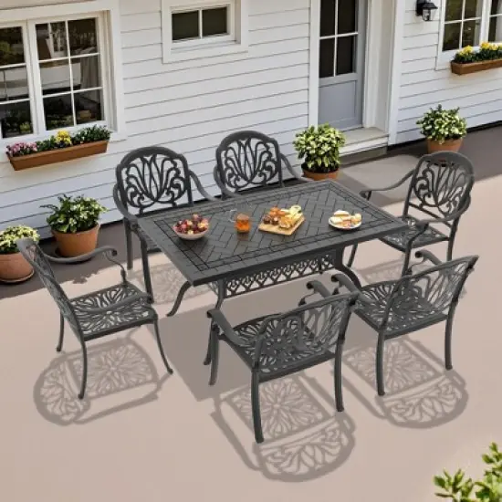 7-Piece Durable Cast Aluminum Outdoor Dining Set - Rectangle Table & Stackable Chairs Comfortable Brown Cushions - Perfect Patio & Backyard Furniture image {1}