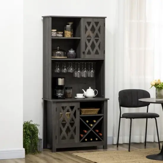 HOMCOM 72" Kitchen Pantry, Buffet with Hutch, Cupboard for Microwave, with 2 Door Cabinet, Wine Glasses Rack and 12-Bottle Wine Rack, Dark Grey image {1}