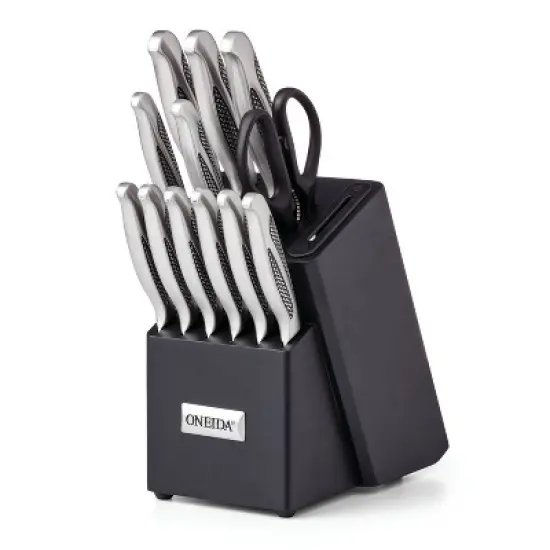 Oneida 14pc Stainless Steel Cutlery Set with Builtin Sharpner: Knife Set Block, Steak Knives, Shears, Multicolored image {4}