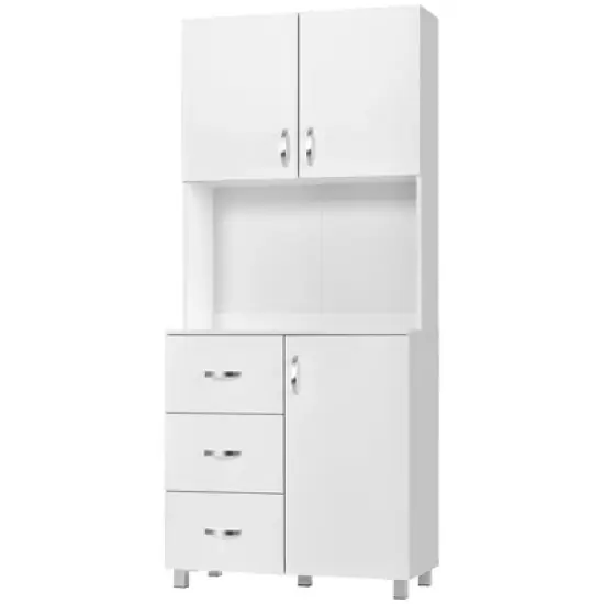 HOMCOM Freestanding Kitchen Pantry, Buffet with Hutch Storage Organizer with 2 Door Cabinets, 3 Drawers and Open Countertop, Adjustable Shelf, White image {3}