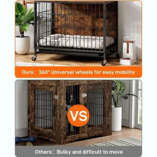 Wooden Dog Crate Furniture with Wheels and Double Door &ndash; Modern Pet House, Removable Tray, Stylish End Table for Living Room, Bedroom, and Outdoors image {4}