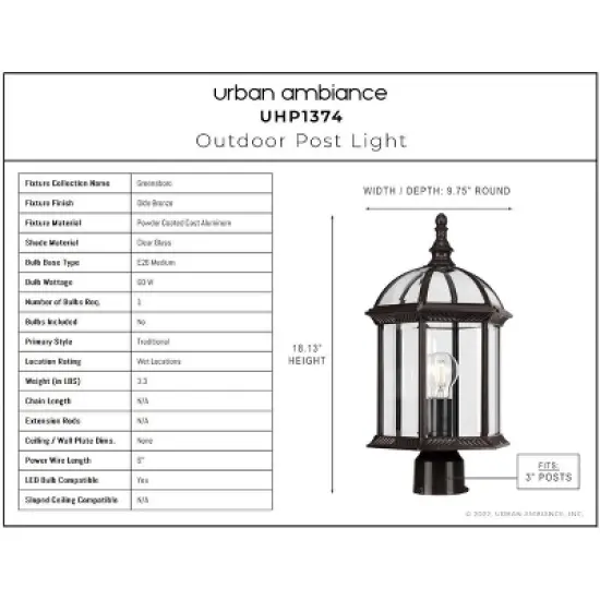 Urban Ambiance Luxury Transitional Outdoor Post Light 18.125''H x 9.75''W,  Olde Bronze Finish,  Greensboro Collection, UHP1374 image {2}