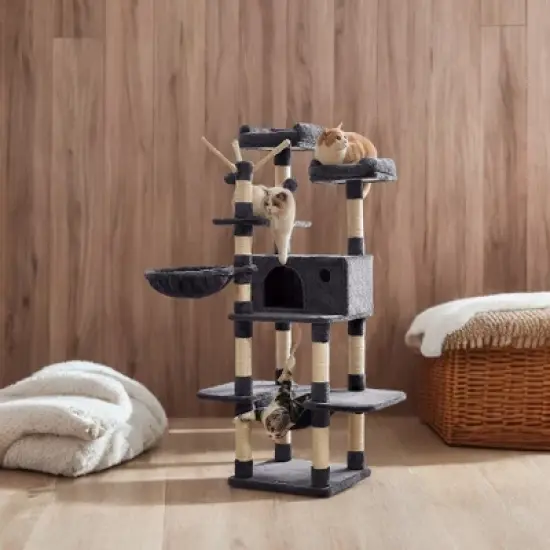 FEANDREA Cat Tree, Large Cat Tower, 64.6 Inches, Cat Activity Center with Hammock, Basket, Removable Fur Ball Sticks, Cat Condo image {5}