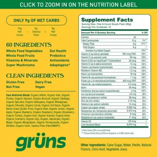 Gr&uuml;ns Adult Low Sugar Superfoods Greens Gummies - 96ct/12 Servings image {8}