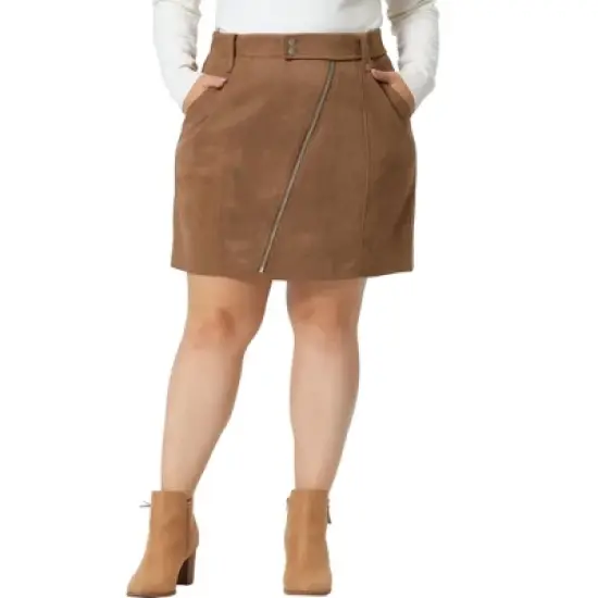 Agnes Orinda Women's Plus Size Faux Suede Zipper Front Pockets Elastic Waist Mini Skirt image {1}