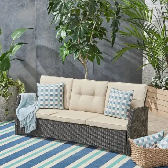 GDFStudio Nikki Outdoor Wicker 3 Seater Sofa with Tufted Cushions image {1}