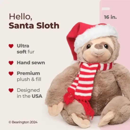 Bearington Santa Sloth Stuffed Animal Plushie, 16 Inch Christmas Sloth, Stuffed Christmas Animal Gift for Toddlers, Kids & Teens image {2}