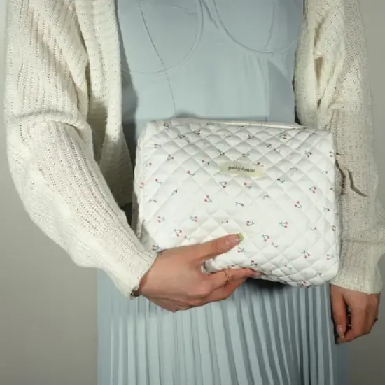 Unique Bargains Cotton Travel Cute Cherry Pattern Large Makeup Bag White 1 Pc image {6}