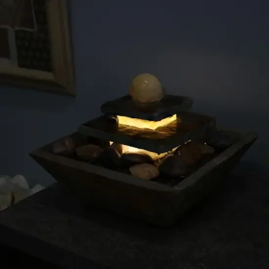 Sunnydaze Indoor Home Office Slate and Polished Stone Ball Tiered Tabletop Water Fountain with LED Light - 8" image {9}