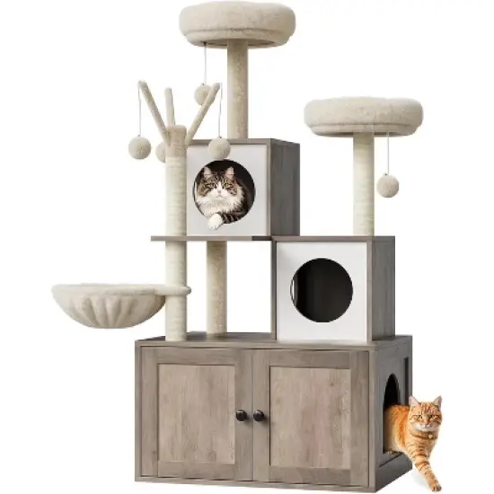 Modern 2-in-1 Cat Tree & Hidden Litter Box Enclosure &ndash; Wooden Tower with Condo, Hammock, Scratching Post, Plush Perch & Removable Pompoms image {8}
