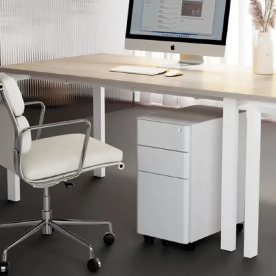 Mount-It! Mobile File Pedestal Cabinet with 3 Drawers & Lock | Slim Design Under Desk Storage & Organizer for Files, Folders & Office Supplies | White image {2}