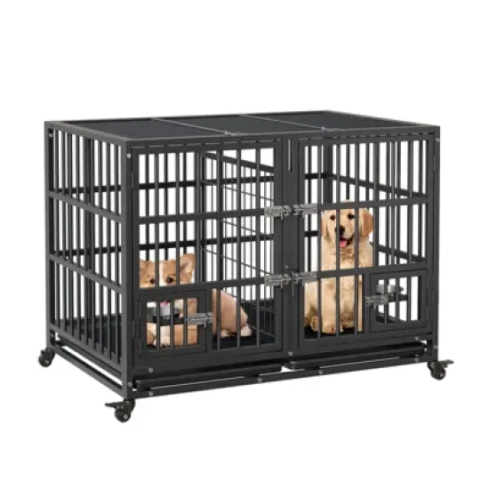 42"/48"/52" Heavy Duty Dog Crate, Extra Large Metal Dog Kennel with Roof Top, 2 Door Pet Cage House with Removable Tray and Wheels image {8}