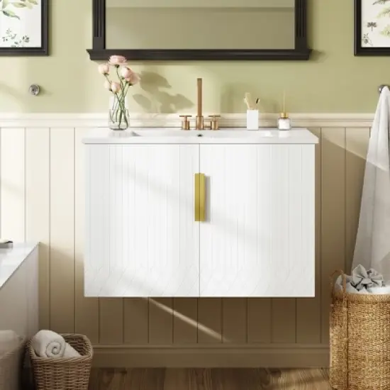 Merax Modern Vintage Wall-Mounted Bathroom Vanity with Ceramic Sink image {9}