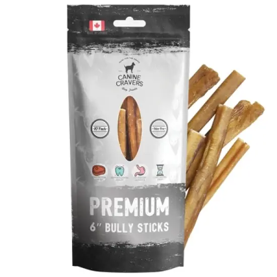 Canine Cravers Maplewood Smoked Bully Sticks 6&rdquo; Inch Pack of 10 - 100% Natural Free Range Grass Fed Beef - Made in Canada Dog Chews High Protein image {1}