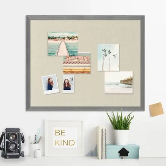 17.5" x 21.5" Woodgrain Framed Natural Linen Pinboard Rustic Gray - Sheffield Home image {1}