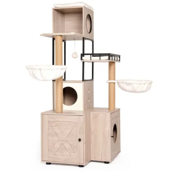 63" Multi-Functional Cat Tree with Litter Box - Includes Removable Washable Cushion, Scratching Posts & Toy Hanger image {4}
