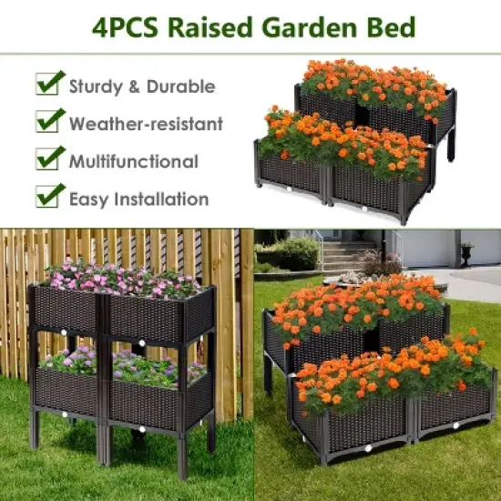 Costway Set of 4 Raised Garden Bed Elevated Flower Vegetable Herb Grow Planter Box Brown image {6}