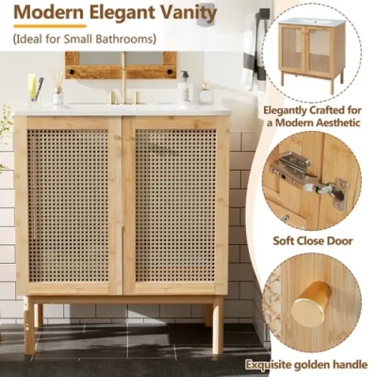 LOVSON 30''bathroom vanity crafted from natural materials, featuring handmade rattan doors and soft-closing mechanisms image {4}