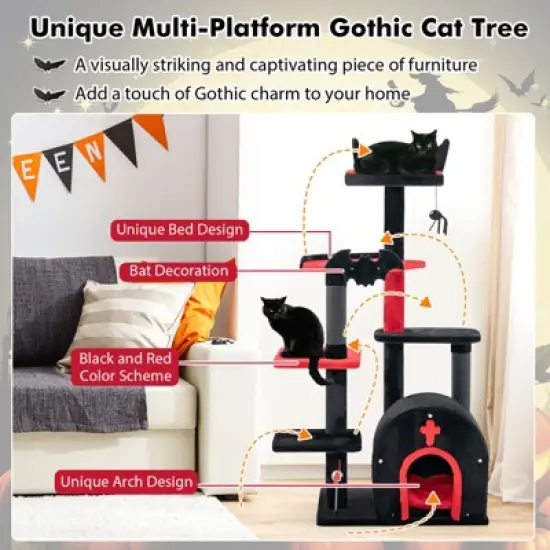 Costway 6-Tier Gothic Cat Tree 53&rdquo; Tall Cat Tower w/ Cat Bed Arch-Shaped Condo Pompom image {9}