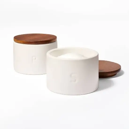 Set of 2 Stoneware Salt and Pepper Cellar with Wood Lid Cream - Figmint&trade; image {2}