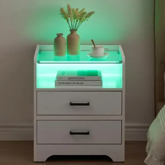 LED Night Stand with 2 Drawers, Smart End Side Table with LED Lights and Glass Top, Modern Bedside Table with Open Storage image {7}