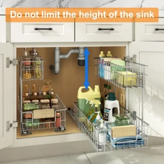 Pull Out Cabinet Organizer, Under Sink Slide Out Storage Shelf with 2 Tier Sliding Wire Drawer image {4}