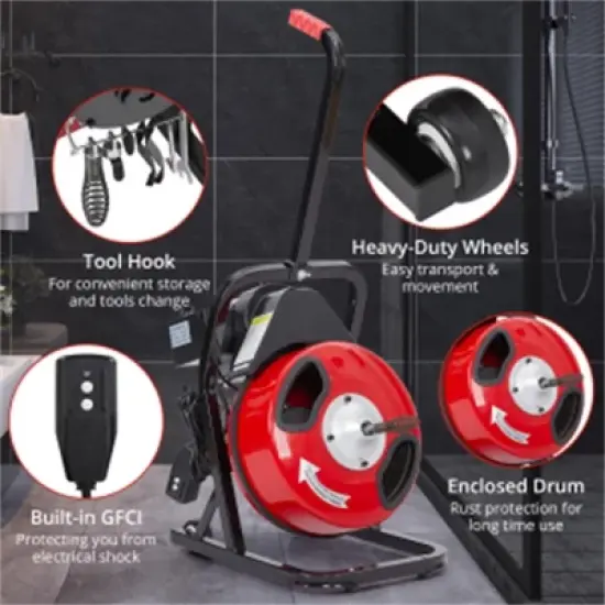 Acekool Electric Drain Cleaner Auger with Auto Feed, Pneumatic Foot Switch, 4 Interchangeable Cutters for 1" to 4" Pipes image {1}