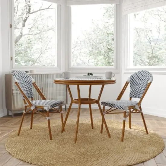 Merrick Lane Mael Bistro Style Table with Glass Top, Textilene, 2 Stack Chairs, and Bamboo Finished Metal Frame for Indoor/Outdoor Use image {1}