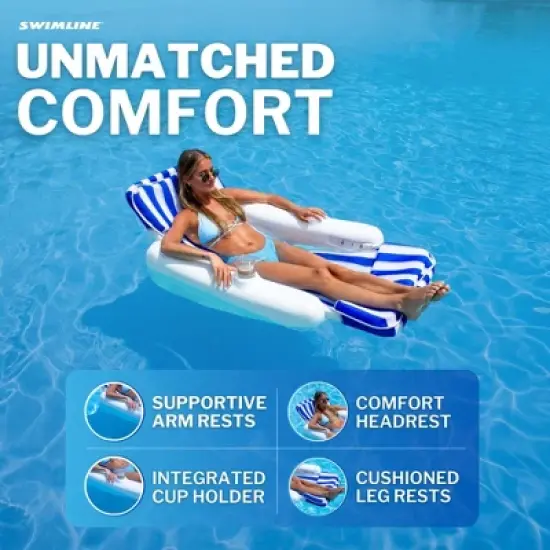 Swimline SunChaser Padded Floating Luxury Pool Lounger Sling Chair Float with Extra Thick Headrest and 2 Cup Holders, Blue/White Stripe image {2}