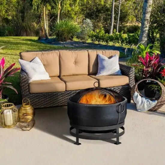 Endless Summer Round Wood Burning Outdoor Fire Pit with Kettle Design Brown image {3}