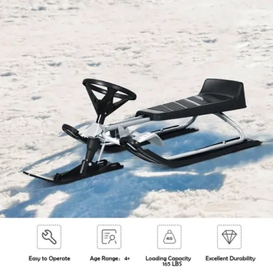 Costway Kids Snow Racer Sled w/Steering Wheel Double Brakes Pull Rope Iron Frame image {4}