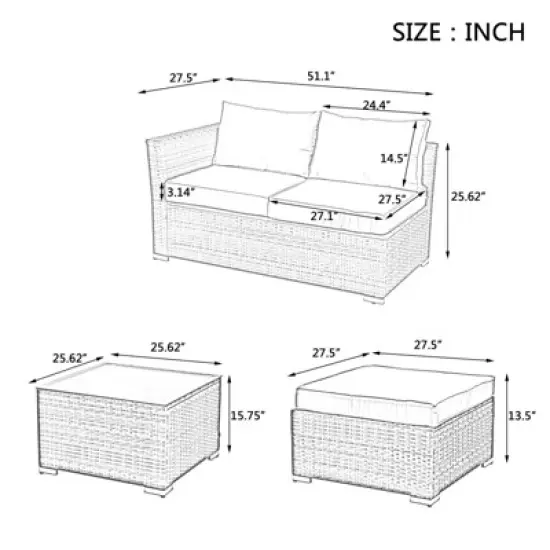GlasFlength 3PCS Patio Seating Rattan Furniture Set Sectional Sofa Cushioned Garden, Tempered Glass Table, Blue, 51.1"*27.5"*25.62" image {4}